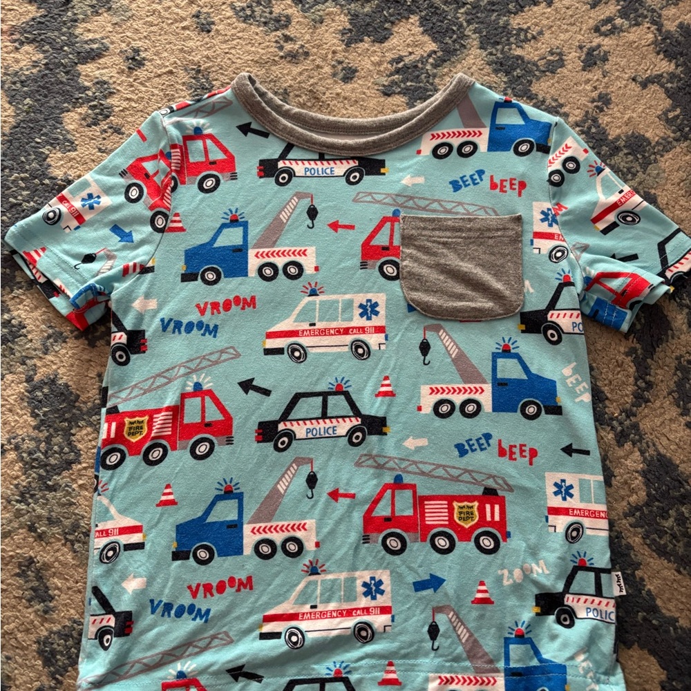 Little Sleepies Blue Kids Shirt with Colorful Vehicle Print